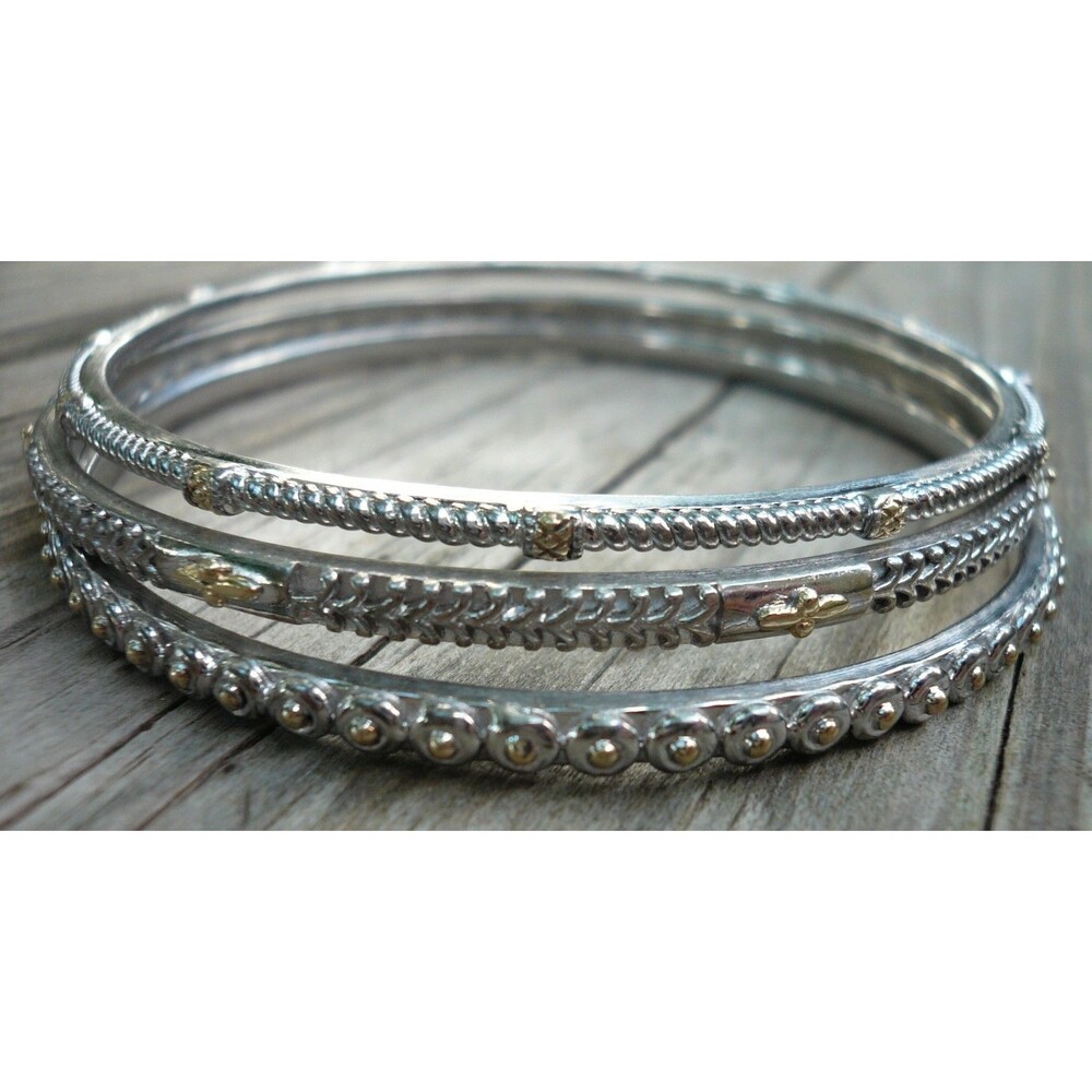Gabriel & Co New York Sterling Silver 925 & 18k Gold Set of 3 Bangle Bracelets